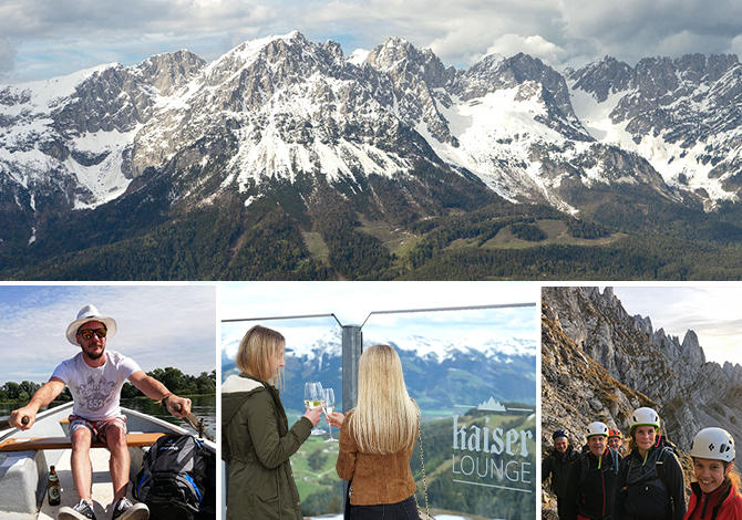 Collage mit Bilden von der Region sowie von Mitarbeitern bei Aktivitäten in der Region wie Rudern oder Wandern.