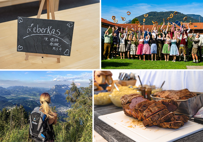 Collage von Bildern mit regionalem Bezug wie itelio-Mitarbeiter in Tracht, beim Wandern in den Bergen, Leberkas-Frühstück in der Firmenzentrale in Kiefersfelden.