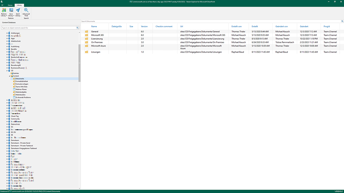 Screenshot einer Sicherung von SharePoint Online und OneDrive