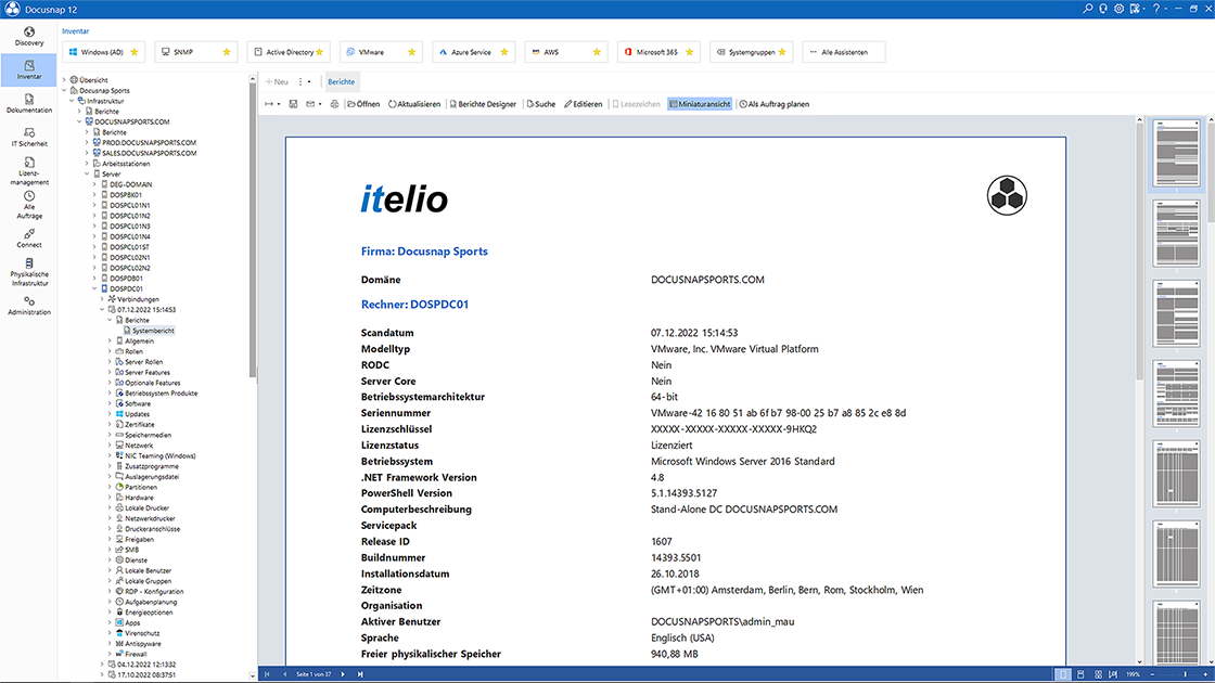 Screenshot eines Windowsserver Systemberichts aus der Software Docusnap.