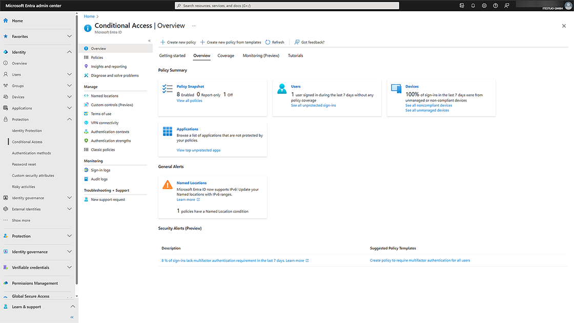 Screenshot Conditional Access-Überblick im Microsoft Entra Admin Center