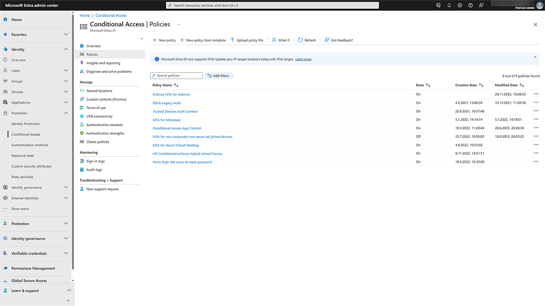 Screenshot Conditional Access-Richtlinien im Microsoft Entra Admin Center.