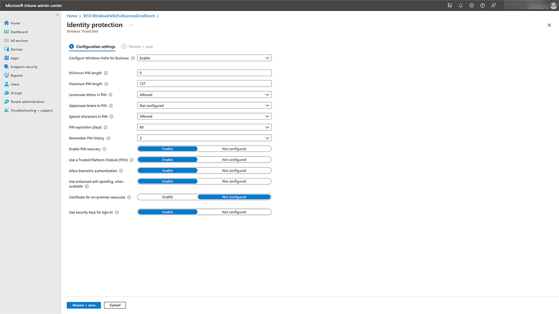 Screenshot der Richtlinienkonfiguration für Windows Hello for Business in Microsoft Intune.