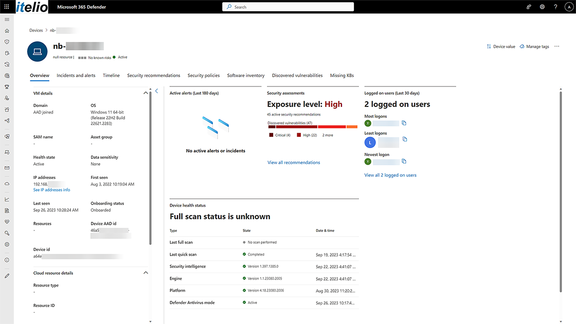 Screenshot über die Geräte-Übersicht mit Microsoft Defender for Endpoint