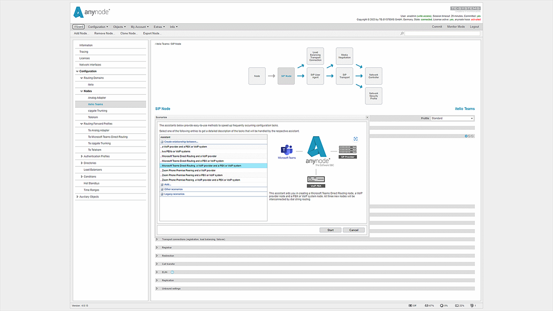 Screenshot der Anbindung von Microsoft Teams über anynode.