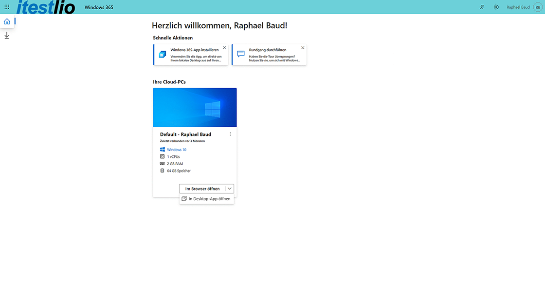 Screenshot eines Windows 365 Zugriffs über den Browser.