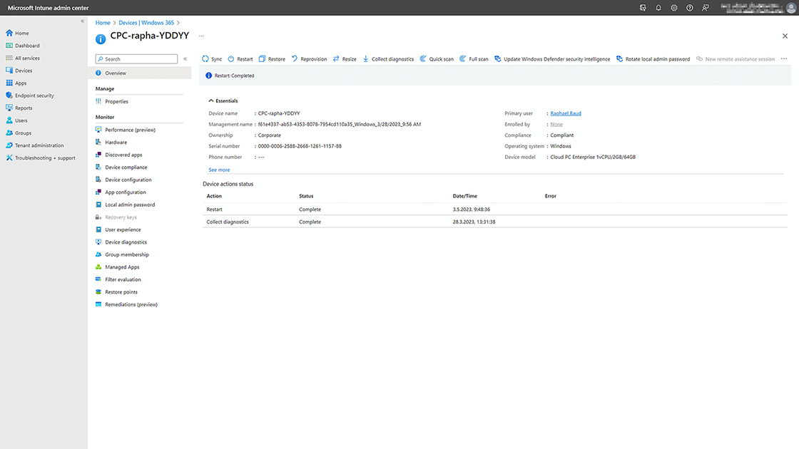 Screenshot der Verwaltung von Windows 365 über Intune.