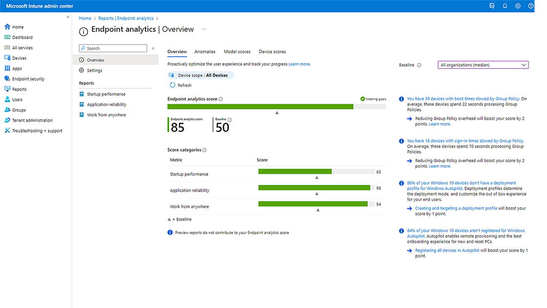 Screenshot eines Performance-Berichts im Microsoft Intune Admin Center.