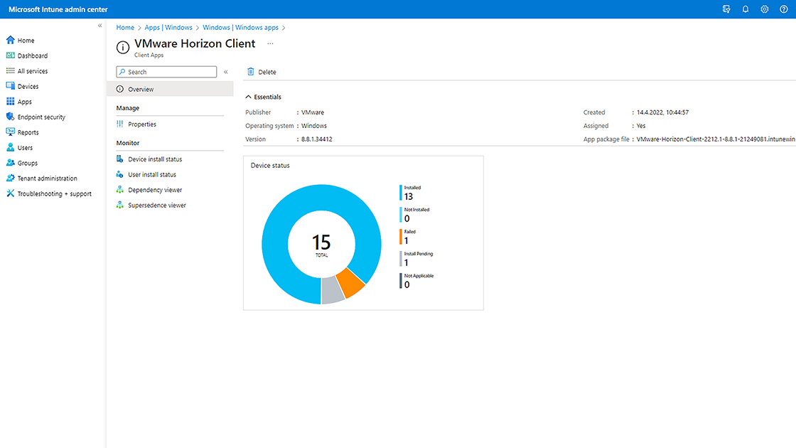 Screenshot über die Softwareverteilung im Microsoft Intune Admin Center.