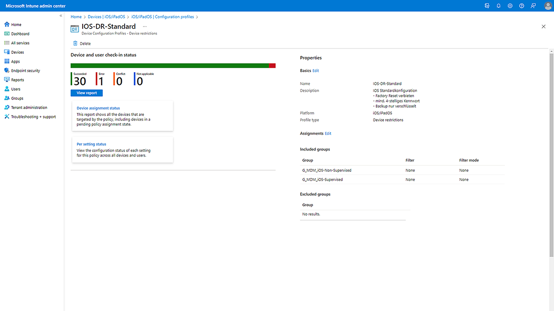 Screenshot einer Gerätekonfiguration im Microsoft Intune Admin Center.