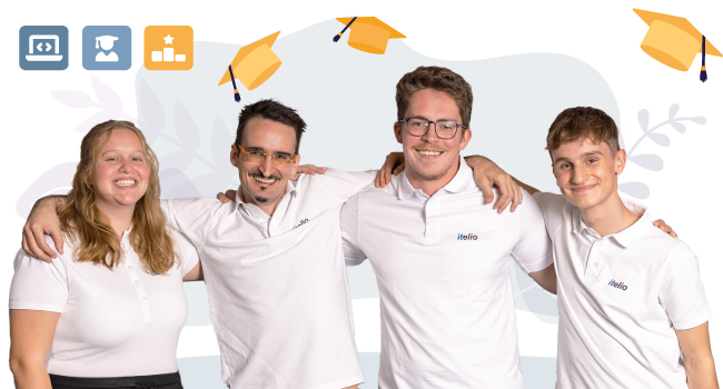 Vier Auszubildende freuen sich über den Karrierestart bei der itelio GmbH.