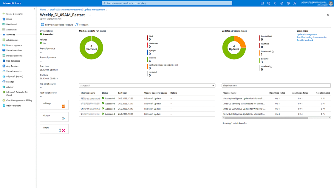 Azure Update Management screenshot evaluation of an execution