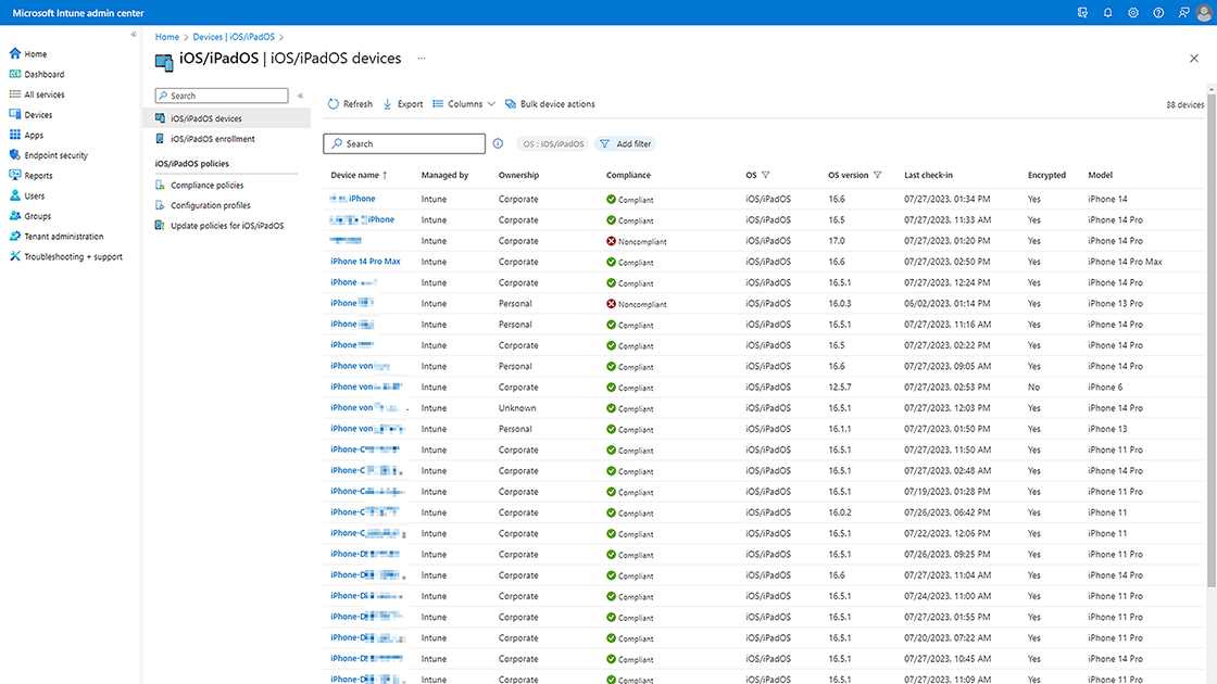 Screenshot Intune MDM: Overview of iOS devices